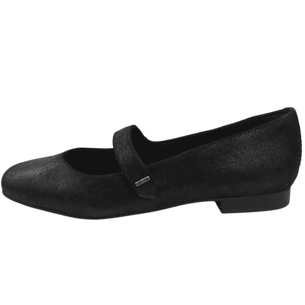 NEW Toms Bianca Black Metallic Suede Square Toe Mary Jane Flats