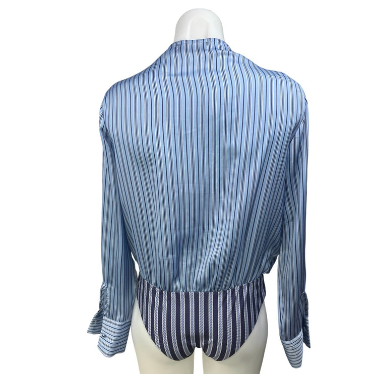 ZARA Blue Stripe Silk Satin Front Knot Long Sleeve Wrap Blouse Bodysuit Top M