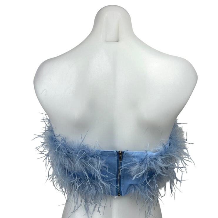 Fashion Nova Blue Feather Fuzzy Strapless Bandeau Bustier Crop Tube Top Size S