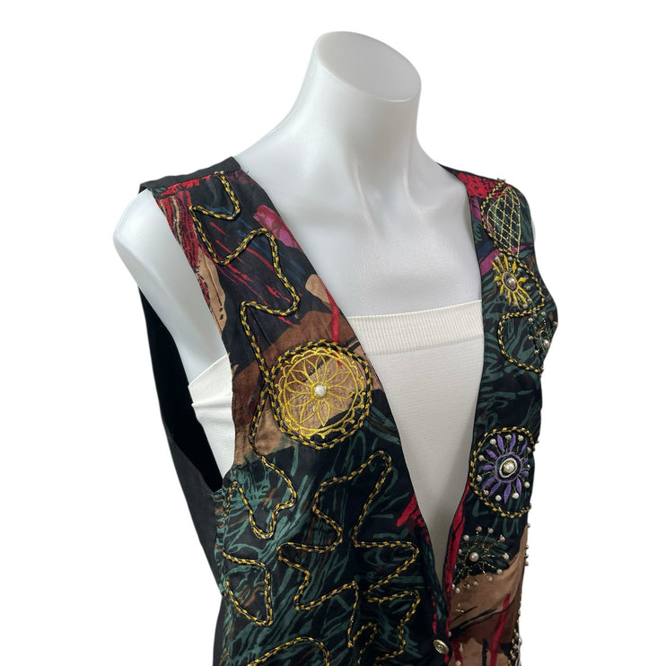 Jane Ashley Women's Multicolor Beaded Embroidered Button Up Vest Jacket Sie M