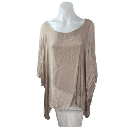 Womens Beige Silk Lagenlook Round Neck Batwing Sleeve Tunic Shirt Blouse Top S/M