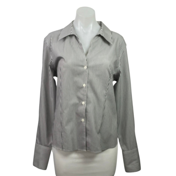 Calvin Klein Women's Black White Gray Striped Long Sleeve Button Down Shirt M/L