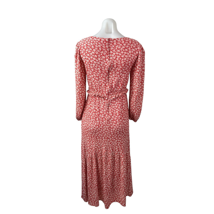 Lost + Wander Red Floral Shirred Long Sleeve Ruffle Blouson Maxi Dress Size S