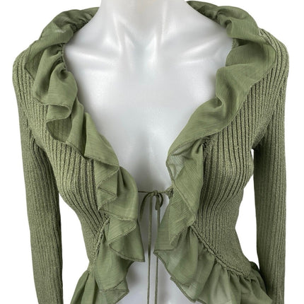 Zara Green Ruffle Flounce Long Sleeve Ribbed Knit Tie Cardigan Crop Top Size S