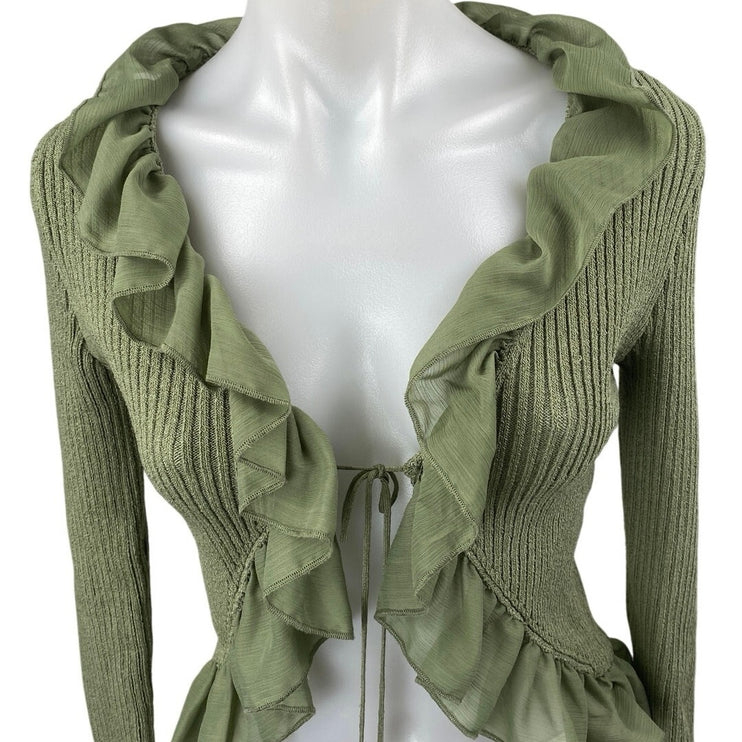 Zara Green Ruffle Flounce Long Sleeve Ribbed Knit Tie Cardigan Crop Top Size S