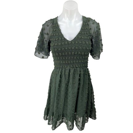 BTFBM Green Polka Swiss Dot Short Sleeve Smocked V-Neck Mini Fit & Flare Dress S