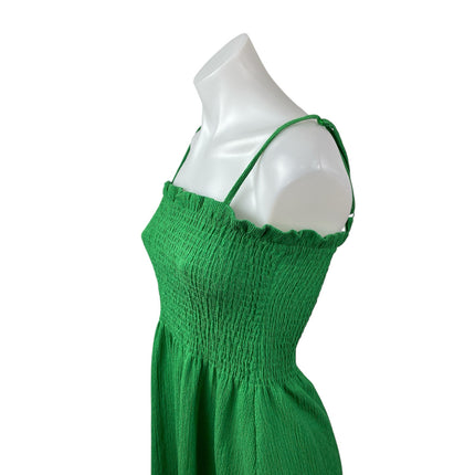 H&M Green Smocked Sleeveless Ruffle Crinkle Pleated Cami A Line Midi Dress Sz S