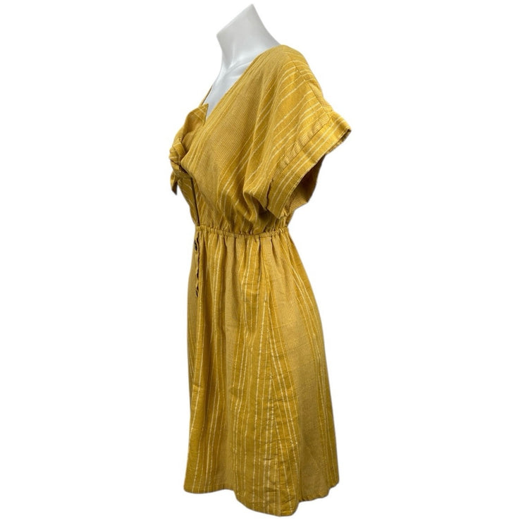 Blue Rair Yellow Striped Tie Fronbt Cutout Short Sleeve Midi Shirt Dress Size M