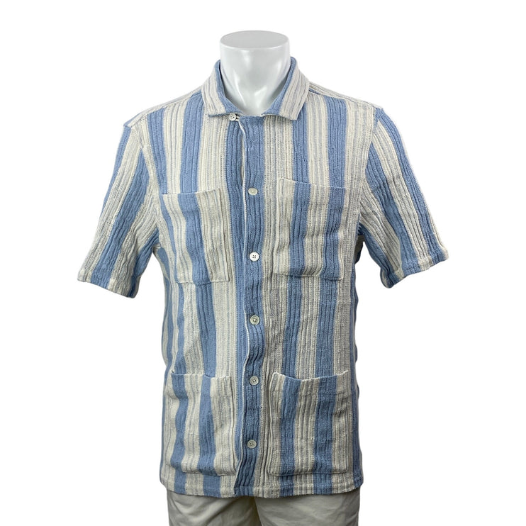 Todd Snyder Mens Blue Stripe Rib Knit Tailored Short Sleeve Button Down Shirt XL