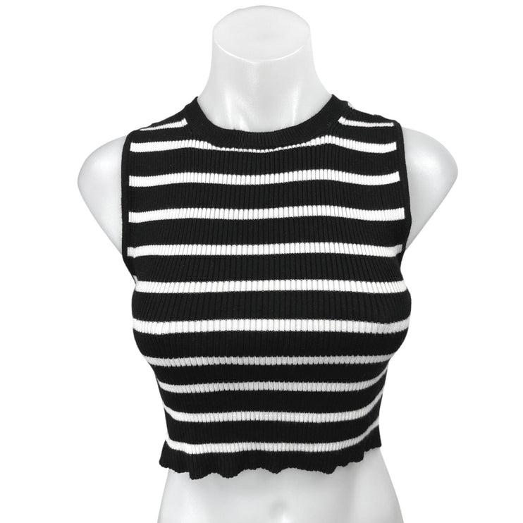Hunter & Brown Black White Striped Rib Knit Sleeveless Racerback Crop Tank Top S