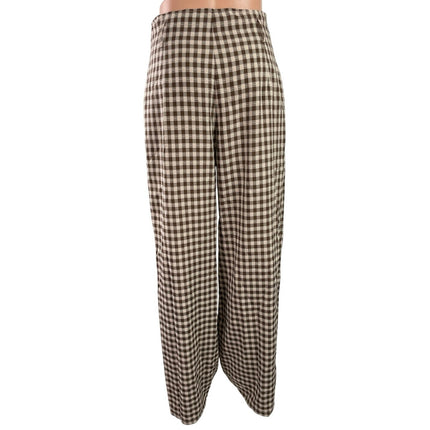 12Th Tribe Women's Brown Gingham Check Wide Leg Baggy Trousers Pants Size S