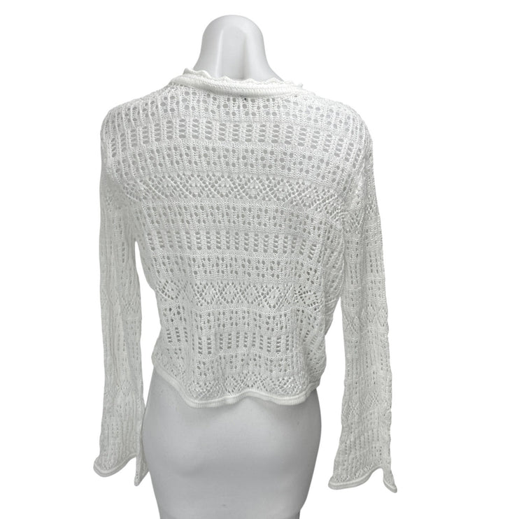 Zara White Long Bell Sleeve Open Knit Crochet Crew Cover Up Blouse Top Size L