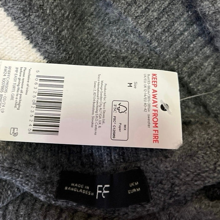 NEW F&F Women's Gray White Striped Knit Long Sleeve Turtleneck Sweater Top Sz M