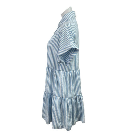 Aqua Blue Stripe Collared Short Sleeve Button Up Mini Flare A-Line Shirt Dress S