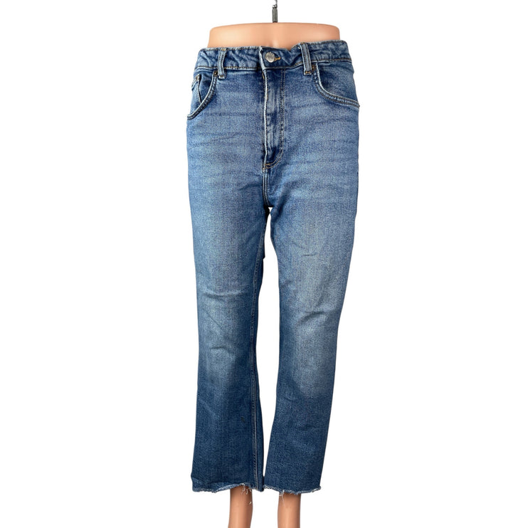 Zara Women's Blue Raw Frayed Hem High Rise Bootcut Flare Denim Jeans Pants Sz 12