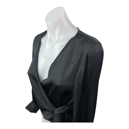 Zara Women's Black Silky Satin Sheer V Neck Long Sleeve Crop Wrap Blouse Top XS