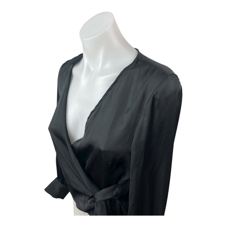 Zara Women's Black Silky Satin Sheer V Neck Long Sleeve Crop Wrap Blouse Top XS