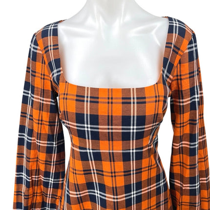 STAUD Orange Multicolor Plaid Square Neck Bell Sleeve Mini Fit & Flare Dress 10