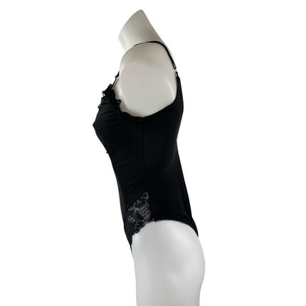 We are HAH Black Lace Trim Ruffled V Neck Sleeveless One Piece Bodysuit Top Sz S