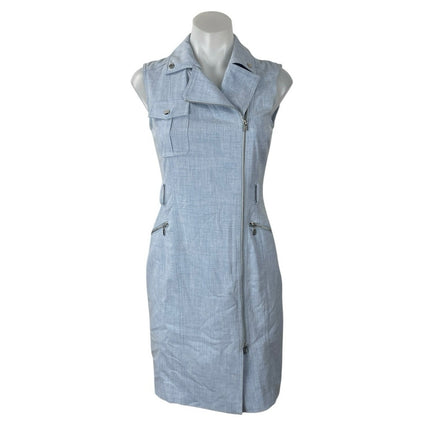 Calvin Klein Denim Motto Zip Blue Sleeveless Notched Collar Midi Sheath Dress 4P