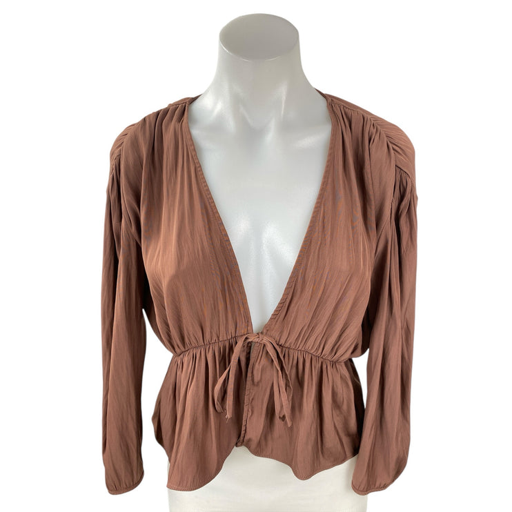 Aritzia Wilfred Shanina Womens Brown Deep V Neck Long Sleeve Tie Blouse Top Sz S