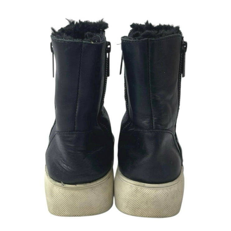 J/Slides Victory Black Faux Fur Round Tie Double Zip Platform Ankle Boots Sz 6.5