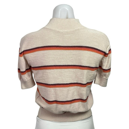 Free People Womens Beige Linen Striped Mock Neck Short Sleeve Sweater Top Size S