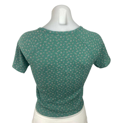 American Eagle Green Floral Print Crewneck Short Sleeve Ribbed Knit Crop Top M