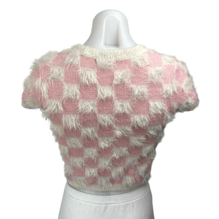 Forever 21 Pink White Checkered Plaid Faux Fur Short Sleeve Crop Sweater Top S