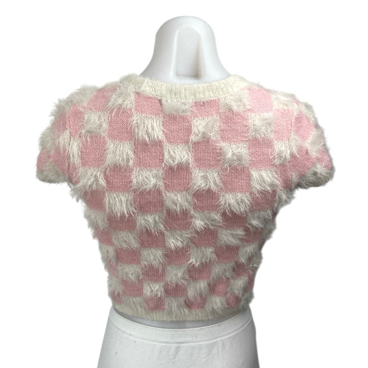 Forever 21 Pink White Checkered Plaid Faux Fur Short Sleeve Crop Sweater Top S