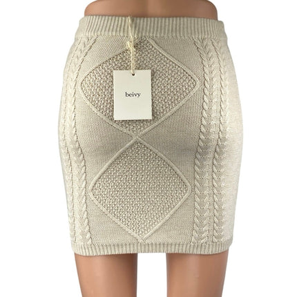 NEW Beivy Beige Tan Cable Knit Wool Pull On Fitted Sculpt Pencil Mini Skirt Sz S
