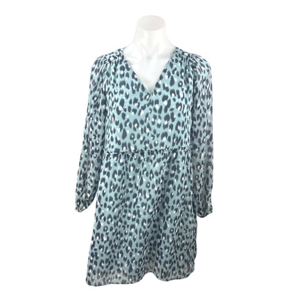Loft Women's Blue Leopard Print V Neck Long Sleeve Mini Flare A-Line Dress Sz XS
