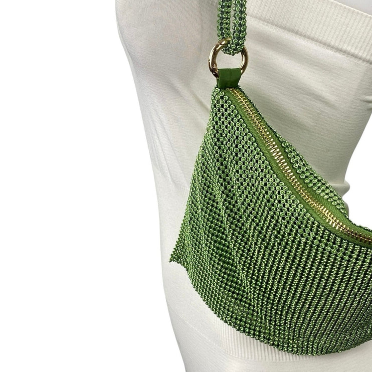 Women's Green Rhinestone Knotted Zipper Hobo Evening Shoulder Strap Handbag OS