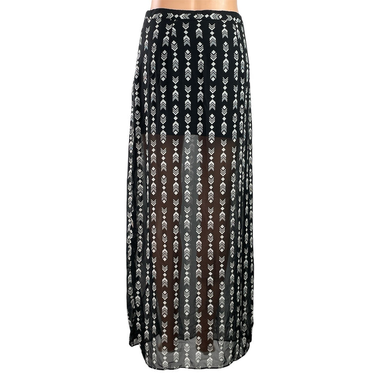 FOREVER 21 Women's Black White Geometric Print Boho Sheer Slit Maxi Skirts Sz M