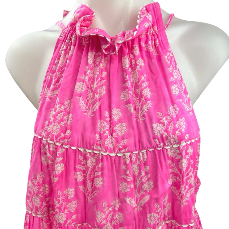 Juliet Dunn Pink Floral Sleeveless Halter Ruffle Tiered Swing Mini Sun Dress 2