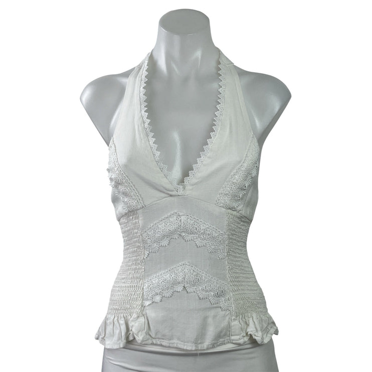Princess Polly White Lace Halter V Neck Ruffle Smocked Open Back Blouse Top Sz 0