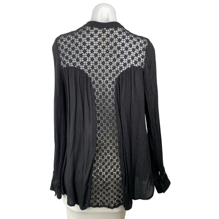 Free People The Best Black Floral Crochet Long Sleeve Button Down Shirt Top XS
