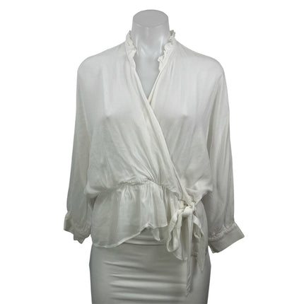 Zara Women's White Long Sleeve Ruffle V Neck Tie Peplum Wrap Blouse Top Size S