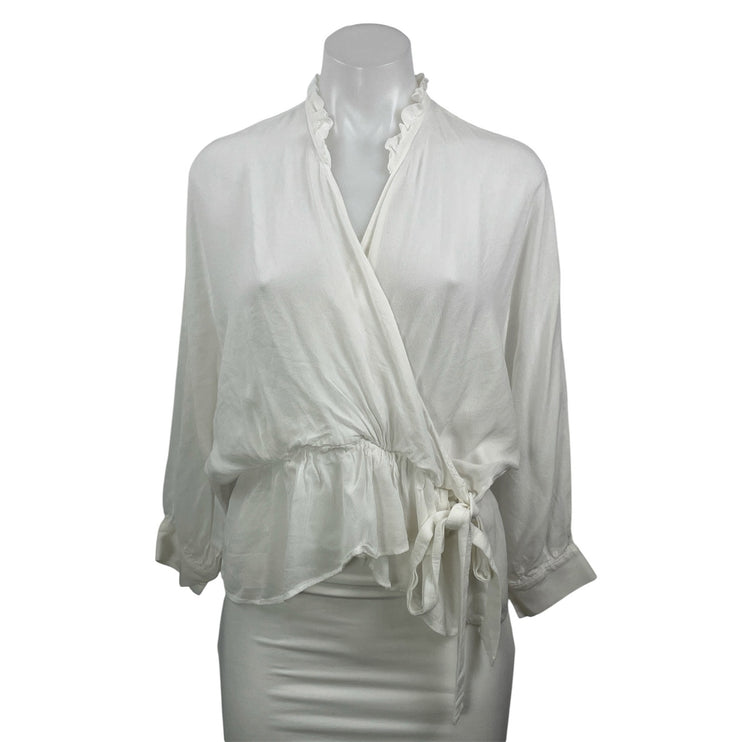 Zara Women's White Long Sleeve Ruffle V Neck Tie Peplum Wrap Blouse Top Size S