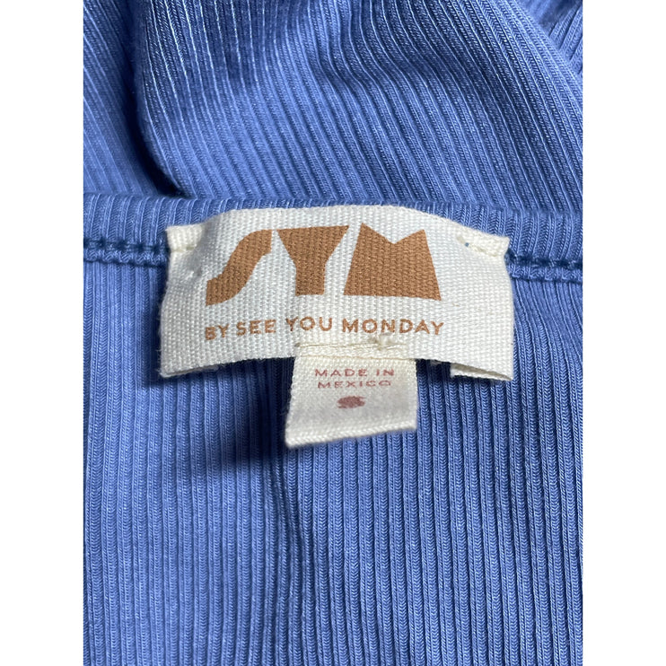 See You Monday Blue Ribbed Knit Short Sleeve Square Neck Midi Bodycon Dress S