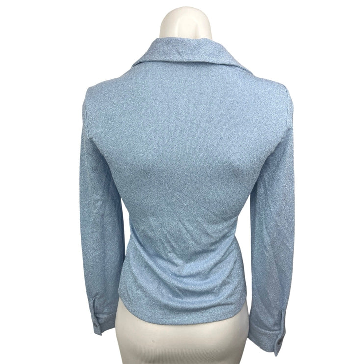 Zara Blue Metallic Ruched Keyhole V-neck Collar Long Sleeve Blouse Top Size XS