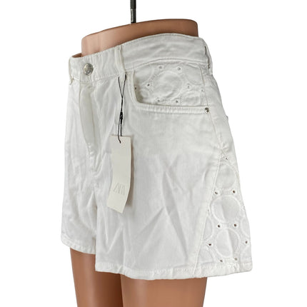 NEW Zara Women's White Eyelet Embroidery High Waisted Wide Leg Denim Shorts 10