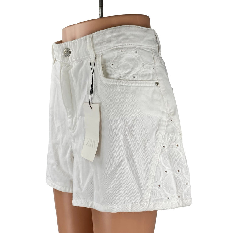 NEW Zara Women's White Eyelet Embroidery High Waisted Wide Leg Denim Shorts 10