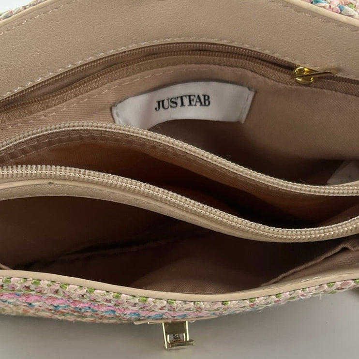 Justfab Women's Multicolor Rainbow Striped Raffia Crossbody Shoulder Handbag OS