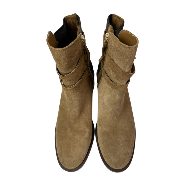 Zara Women's Tan Black Colorblock Suede Leather Mid Heeled Buckle Boots Size 8