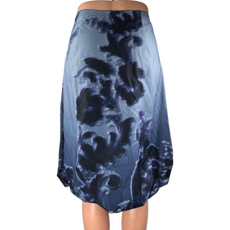 Prada 100% Silk Satin Blue Floral Pleated Knee Length A-Line Wrap Skirt 40 US 4