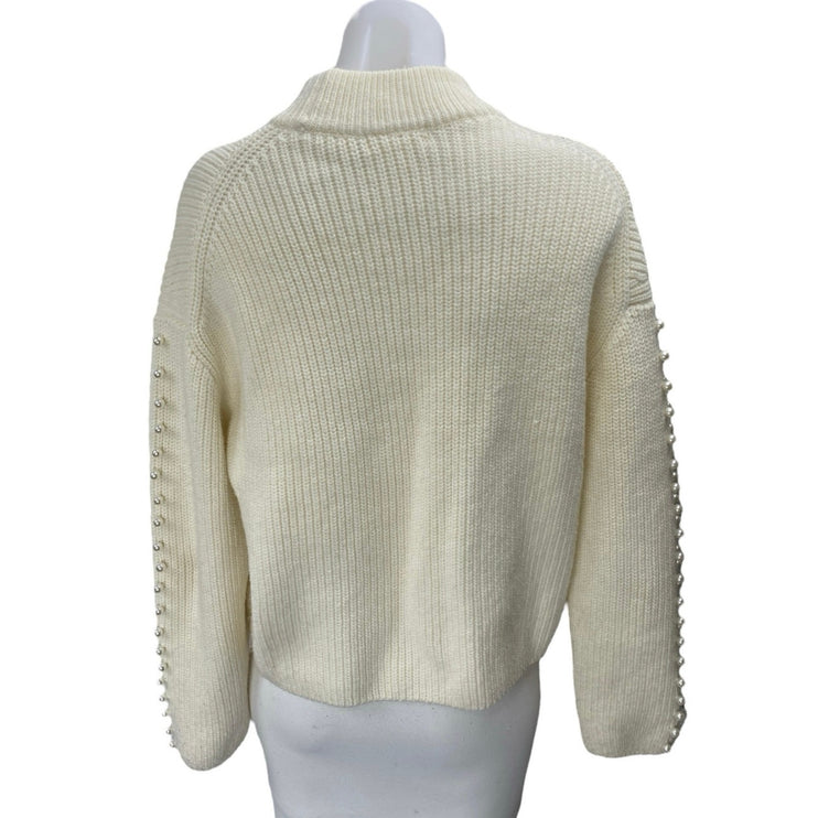 H&M Women's Cream Long Sleeve Pearl Beaded Turtleneck Knit Sweater Top Size XS