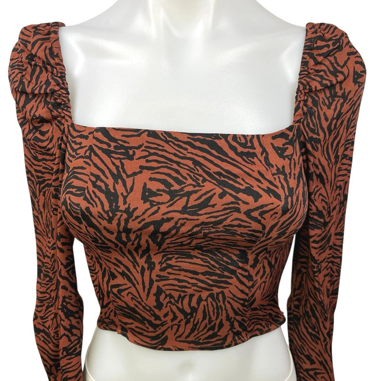 & Other Stories Brown Black Animal Zebra Print Square Long Sleeve Crop Top Sz 0