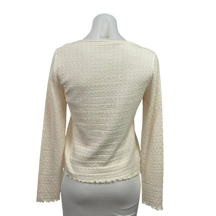 MNG Mango Cream Long Sleeve Textured Lettuce Edge Square Neck Blouse Top Size L
