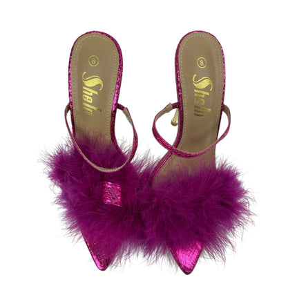 SheIn Women's Purple Fuzzy Fur Pointed Toe Slip On Gold Stiletto Heels Sandals 8